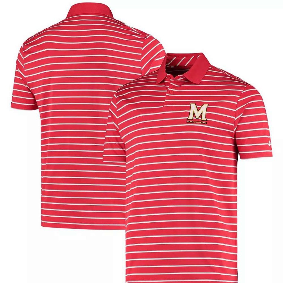 Tops * | Men'S Under Armour Red Maryland Terrapins Wordmark Stripe Performance Polo