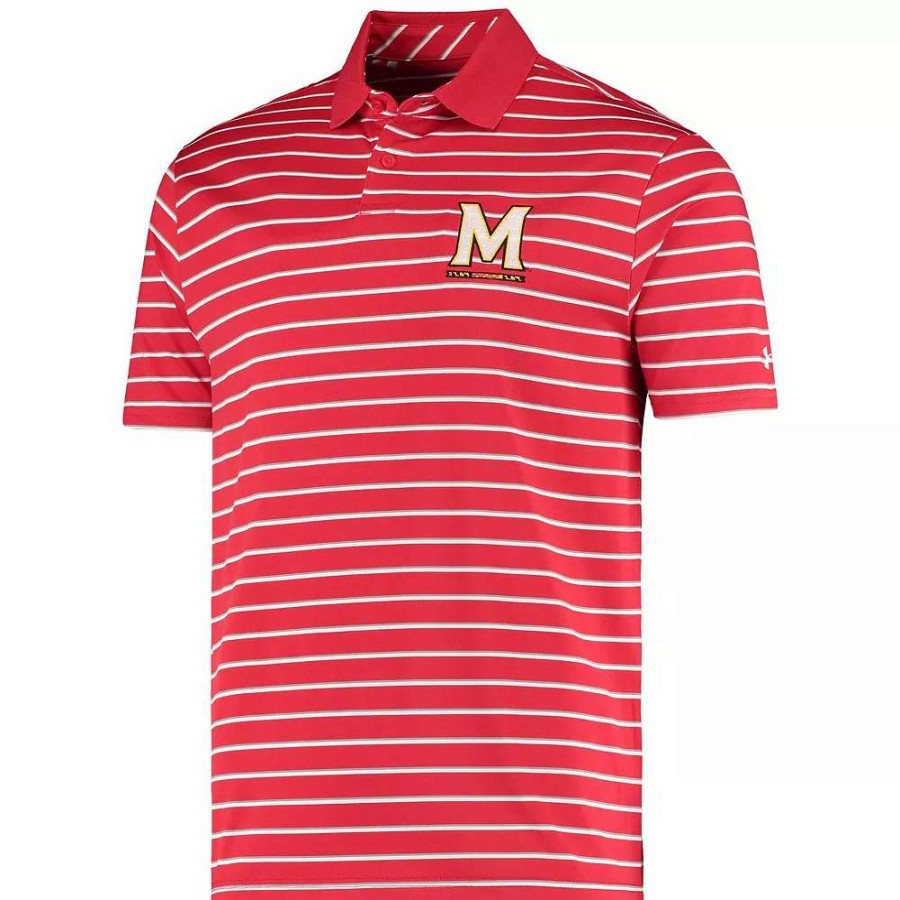 Tops * | Men'S Under Armour Red Maryland Terrapins Wordmark Stripe Performance Polo