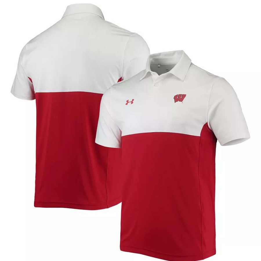 Tops * | Men'S Under Armour White/Red Wisconsin Badgers 2022 Blocked Coaches Performance Polo