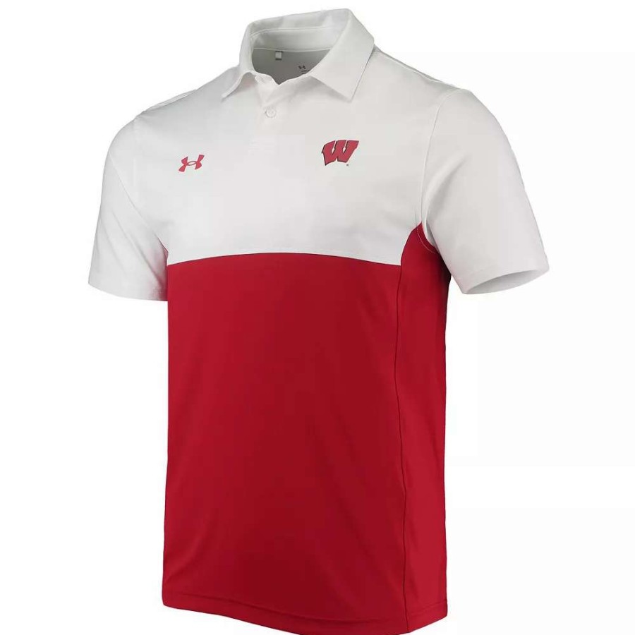 Tops * | Men'S Under Armour White/Red Wisconsin Badgers 2022 Blocked Coaches Performance Polo