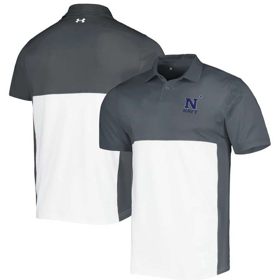 Tops * | Men'S Under Armour Gray/White Navy Midshipmen Green Blocked Polo Performance Polo