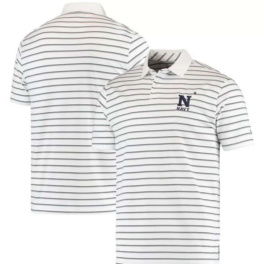 Tops * | Men'S Under Armour White Navy Midshipmen Wordmark Stripe Performance Polo