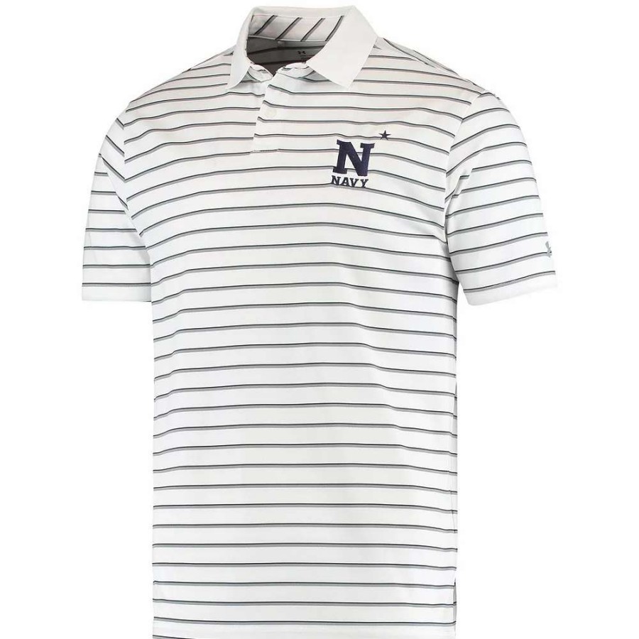 Tops * | Men'S Under Armour White Navy Midshipmen Wordmark Stripe Performance Polo