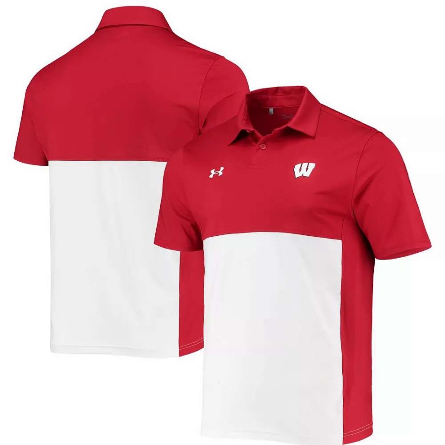 Tops * | Men'S Under Armour Red/White Wisconsin Badgers Blocked Coaches Performance Polo