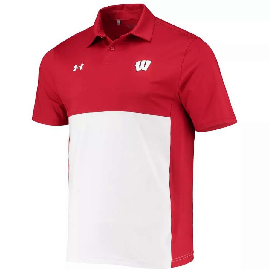 Tops * | Men'S Under Armour Red/White Wisconsin Badgers Blocked Coaches Performance Polo