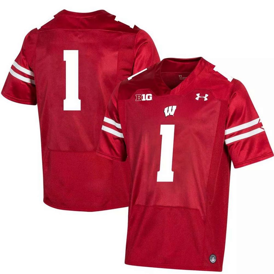 Tops * | Men'S Under Armour #1 Red Wisconsin Badgers Premier Football Jersey