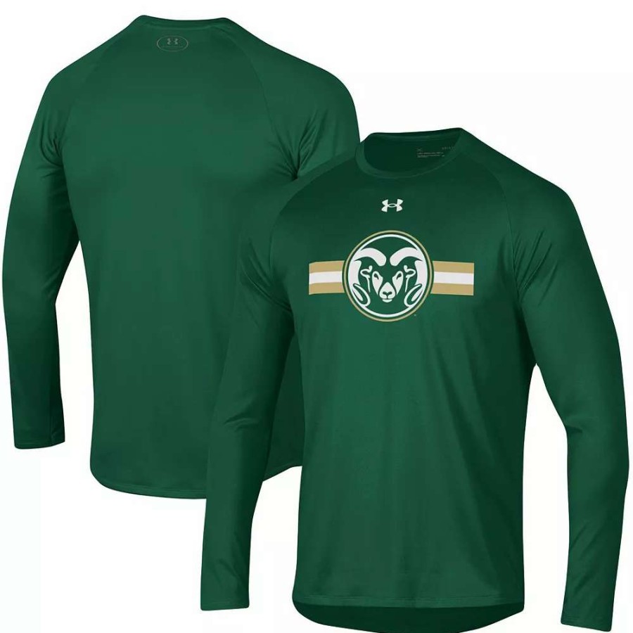 Tops * | Men'S Under Armour Green Colorado State Rams Logo Stripe Performance Raglan Long Sleeve T-Shirt