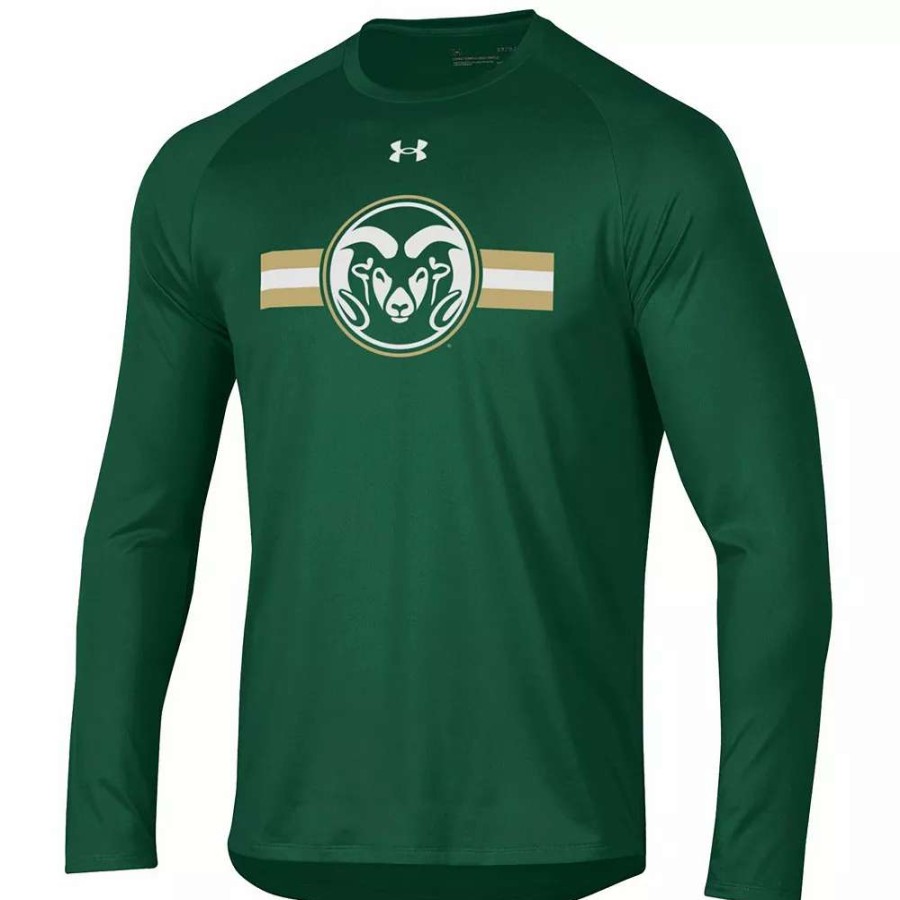 Tops * | Men'S Under Armour Green Colorado State Rams Logo Stripe Performance Raglan Long Sleeve T-Shirt