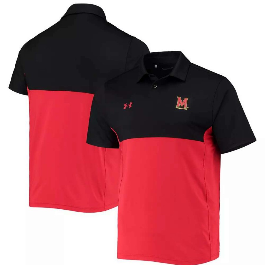 Tops * | Men'S Under Armour Black/Red Maryland Terrapins 2022 Blocked Coaches Performance Polo