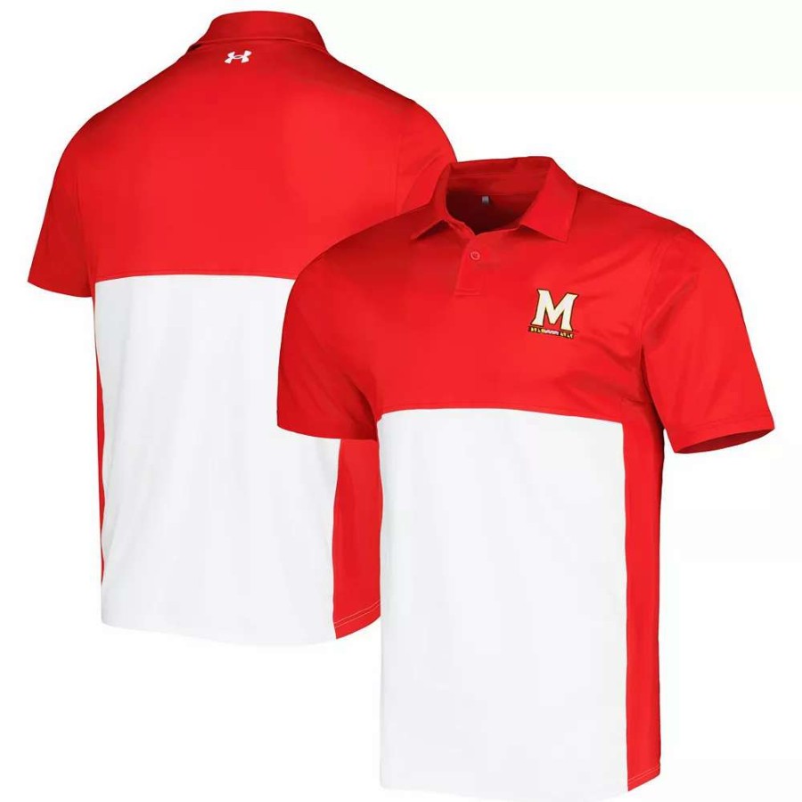 Tops * | Men'S Under Armour Red/White Maryland Terrapins Green Blocked Polo Performance Polo