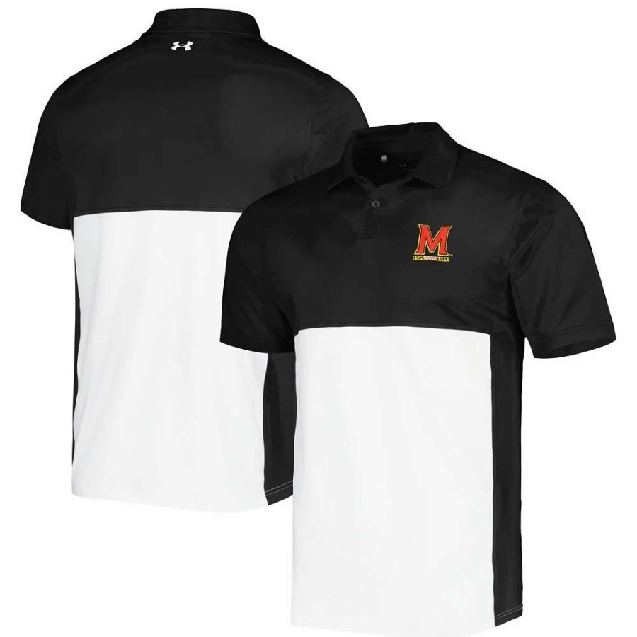 Tops * | Men'S Under Armour Black/White Maryland Terrapins Green Blocked Polo Performance Polo