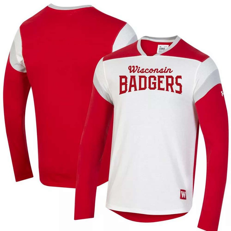 Tops * | Men'S Under Armour White/Red Wisconsin Badgers Iconic Long Sleeve T-Shirt