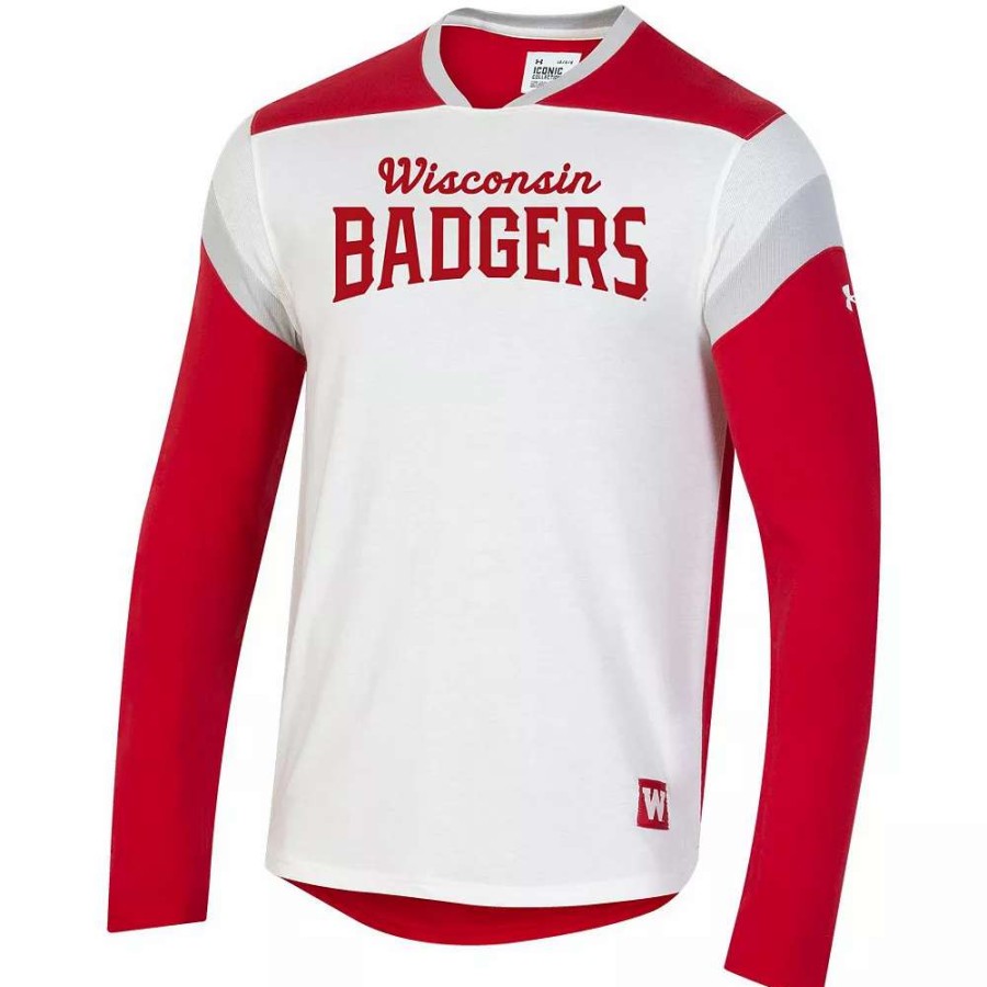 Tops * | Men'S Under Armour White/Red Wisconsin Badgers Iconic Long Sleeve T-Shirt