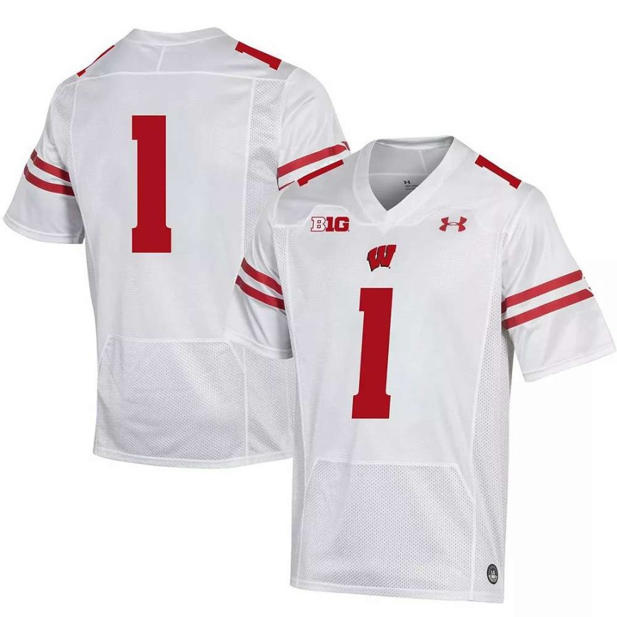 Tops * | Men'S Under Armour #1 White Wisconsin Badgers Premier Football Jersey