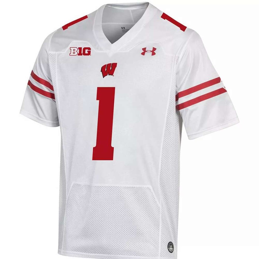 Tops * | Men'S Under Armour #1 White Wisconsin Badgers Premier Football Jersey