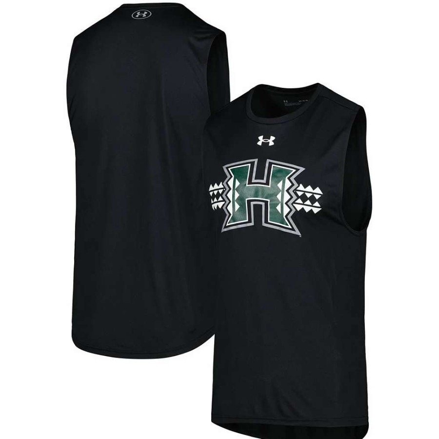 Tops * | Men'S Under Armour Black Hawaii Warriors Logo Striped Tech Performance Tank Top