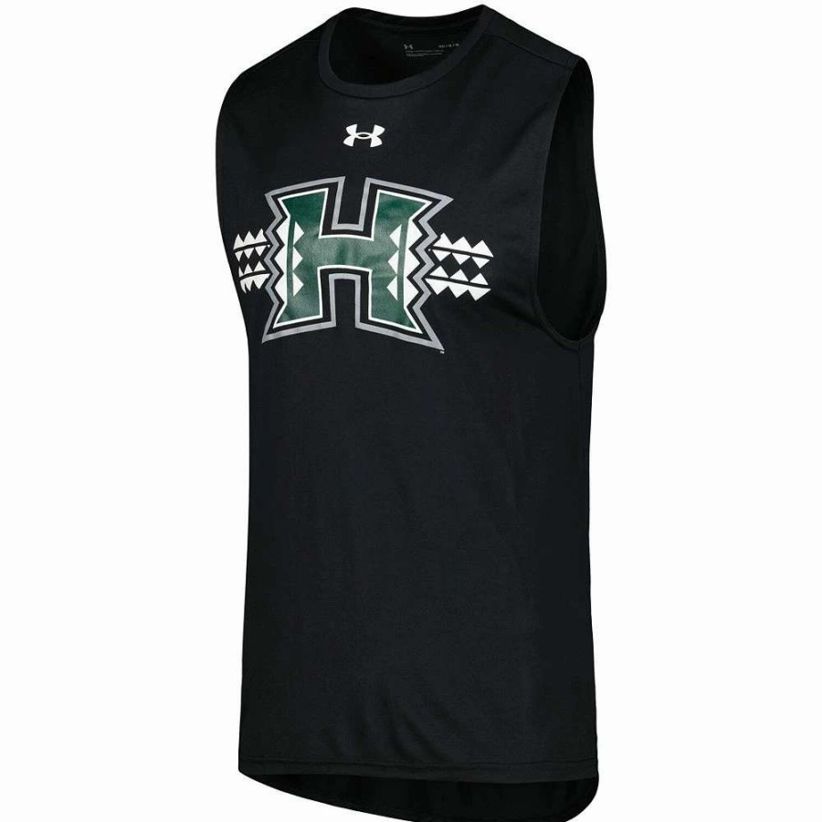 Tops * | Men'S Under Armour Black Hawaii Warriors Logo Striped Tech Performance Tank Top