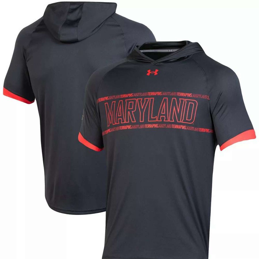 Tops * | Men'S Under Armour Black Maryland Terrapins On-Court Basketball Shooting Hoodie Raglan Performance T-Shirt