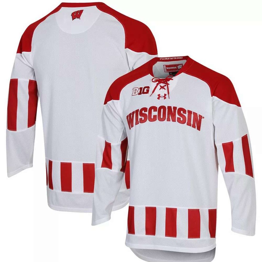 Tops * | Men'S Under Armour White Wisconsin Badgers Ua Replica Hockey Jersey