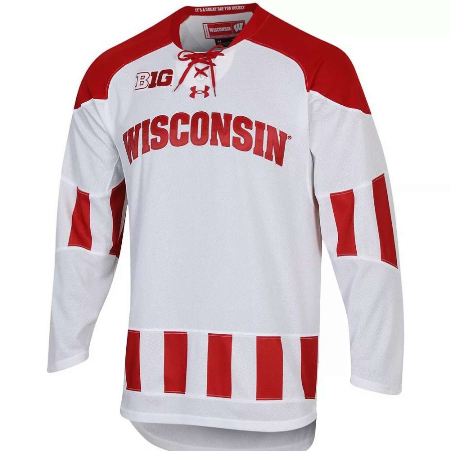 Tops * | Men'S Under Armour White Wisconsin Badgers Ua Replica Hockey Jersey