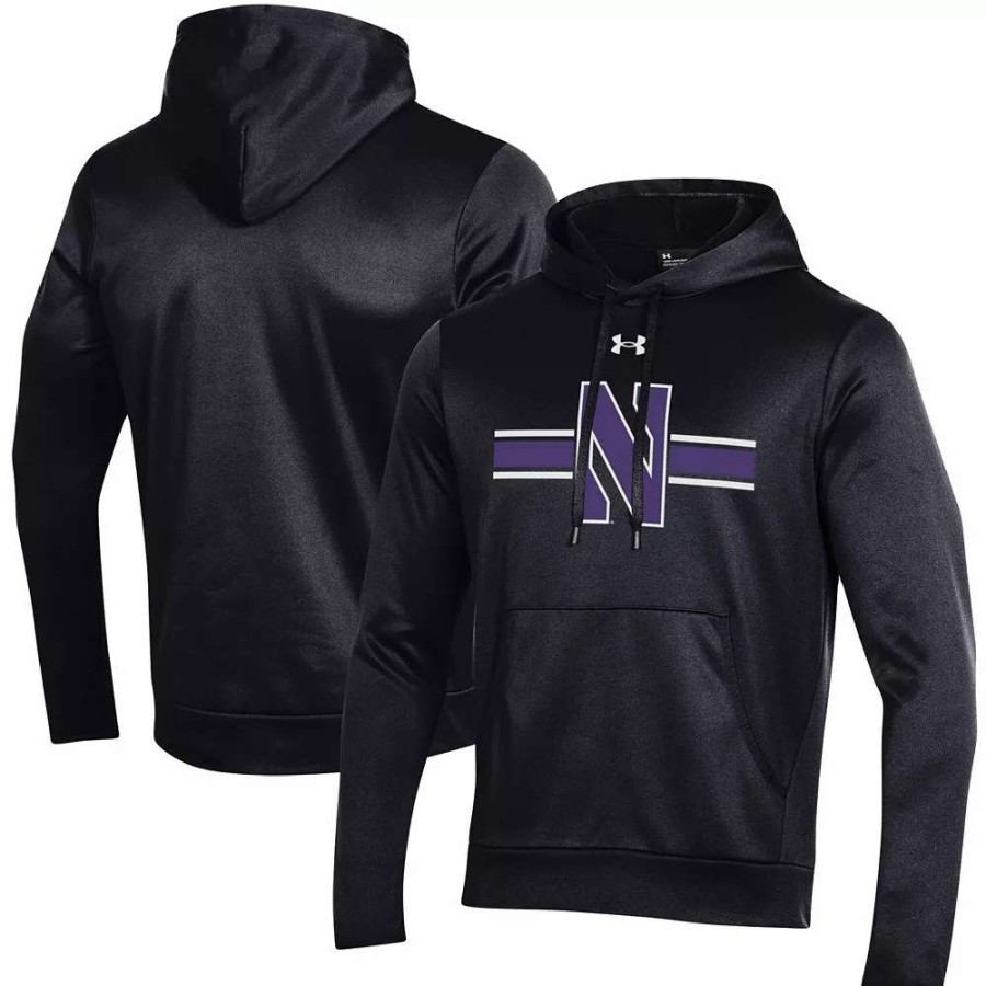 Tops * | Men'S Under Armour Black Northwestern Wildcats Logo Stripe Fleece Pullover Hoodie