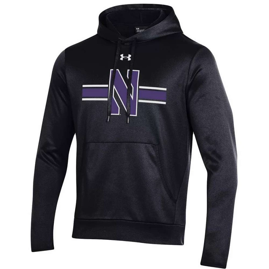 Tops * | Men'S Under Armour Black Northwestern Wildcats Logo Stripe Fleece Pullover Hoodie