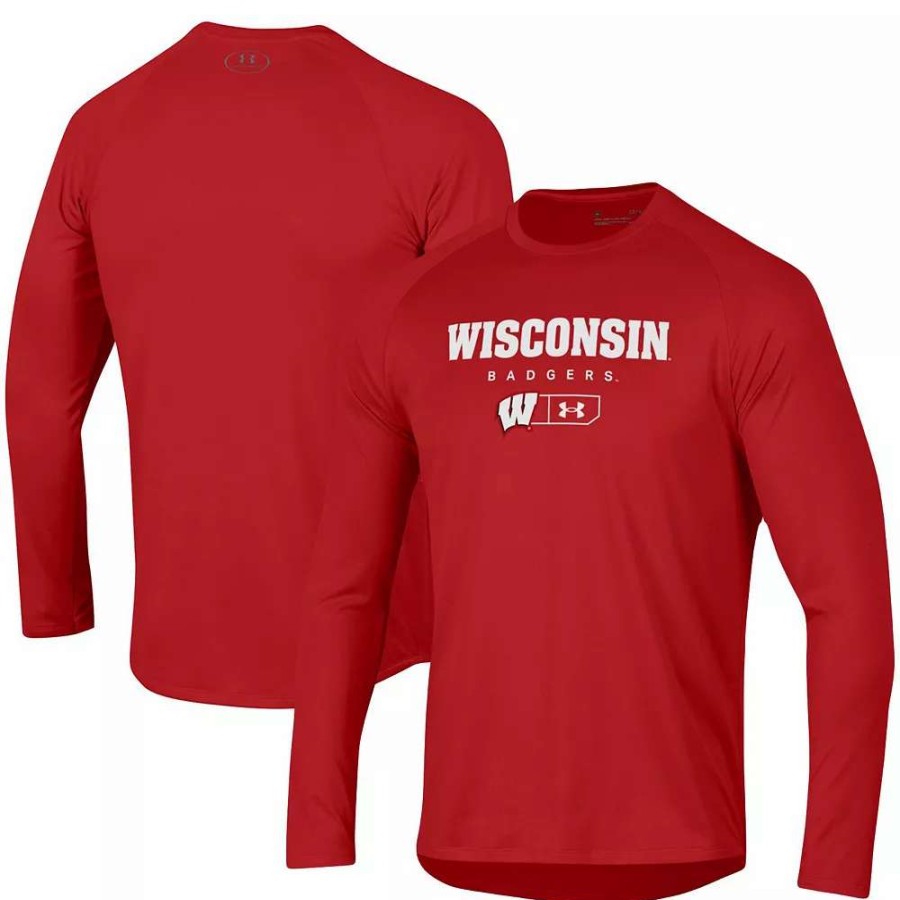 Tops * | Men'S Under Armour Red Wisconsin Badgers Lockup Tech Raglan Long Sleeve T-Shirt