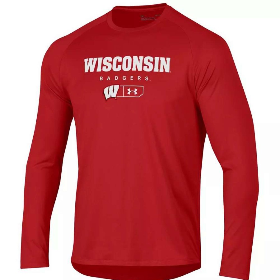 Tops * | Men'S Under Armour Red Wisconsin Badgers Lockup Tech Raglan Long Sleeve T-Shirt