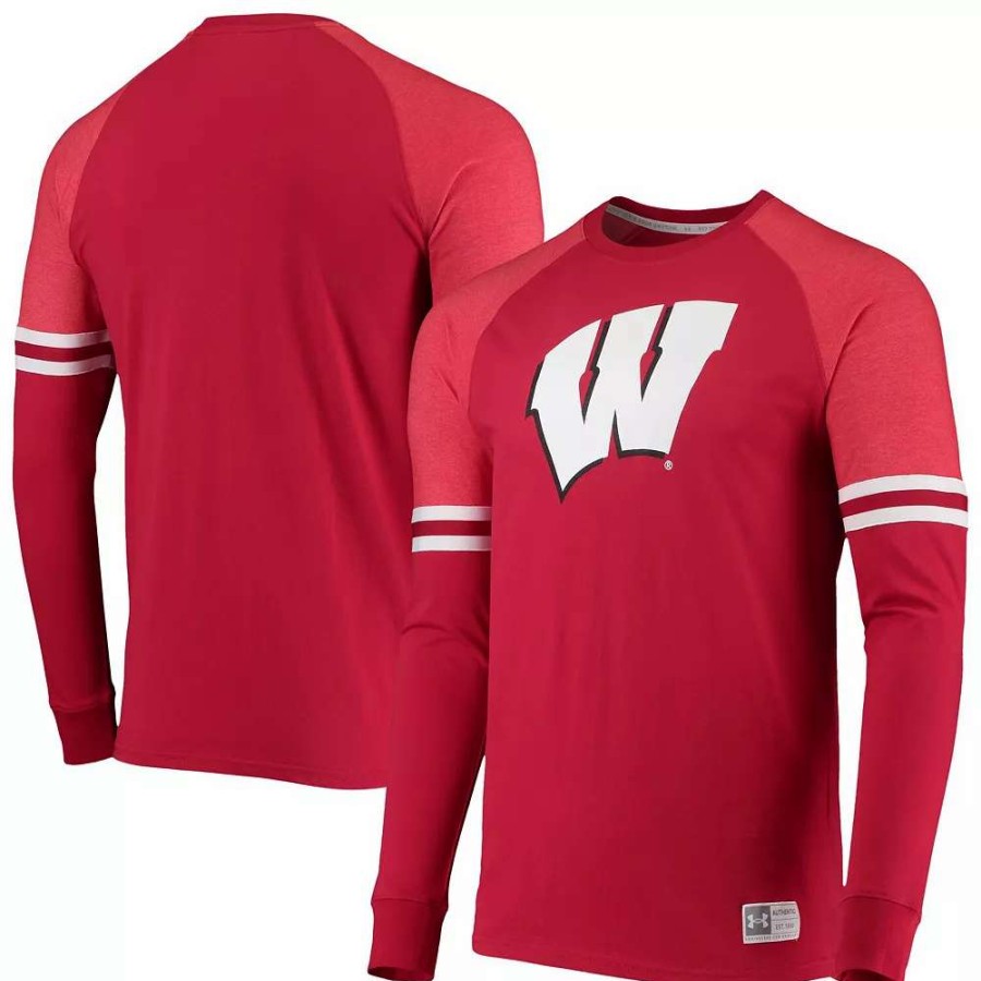 Tops * | Men'S Under Armour Red Wisconsin Badgers Game Day Sleeve Stripe Raglan Long Sleeve T-Shirt