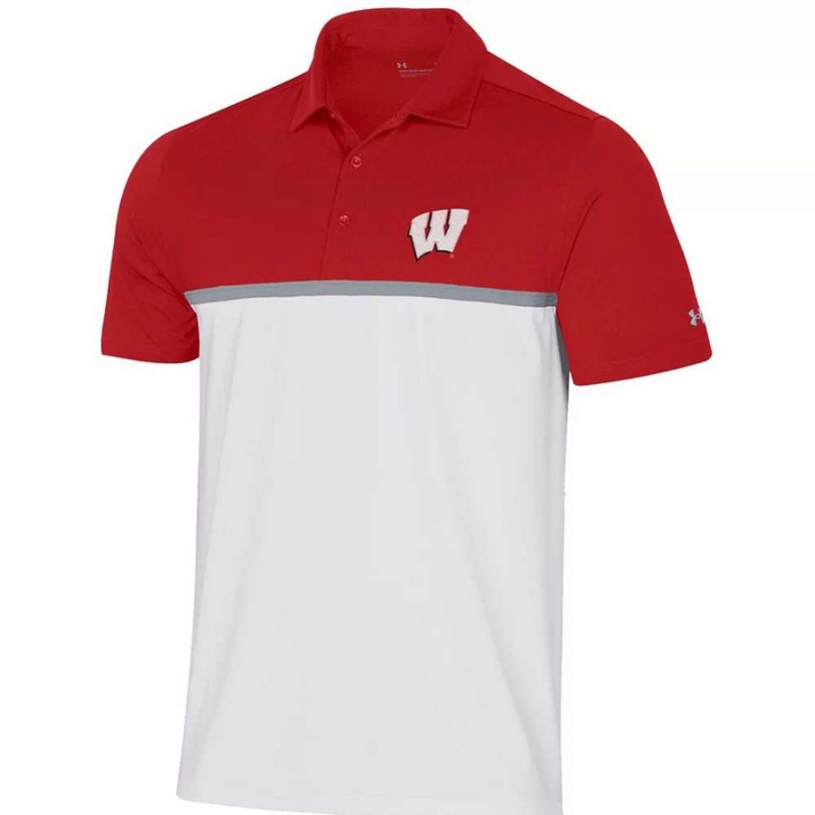 Tops * | Men'S Under Armour White/Red Wisconsin Badgers Heatgear Game Day Polo