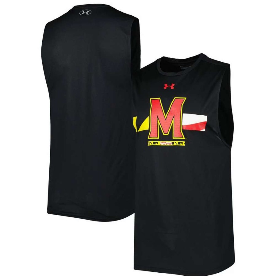 Tops * | Men'S Under Armour Black Maryland Terrapins Logo Striped Tech Performance Tank Top