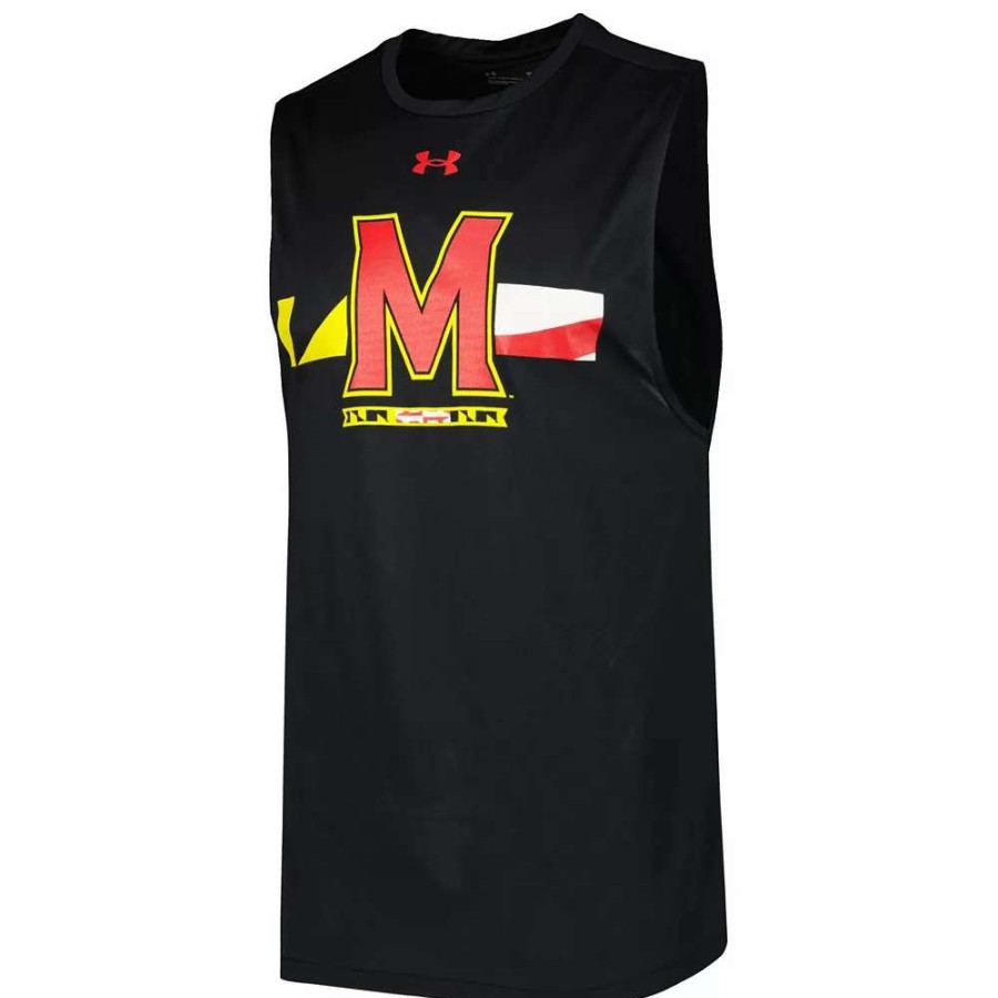 Tops * | Men'S Under Armour Black Maryland Terrapins Logo Striped Tech Performance Tank Top