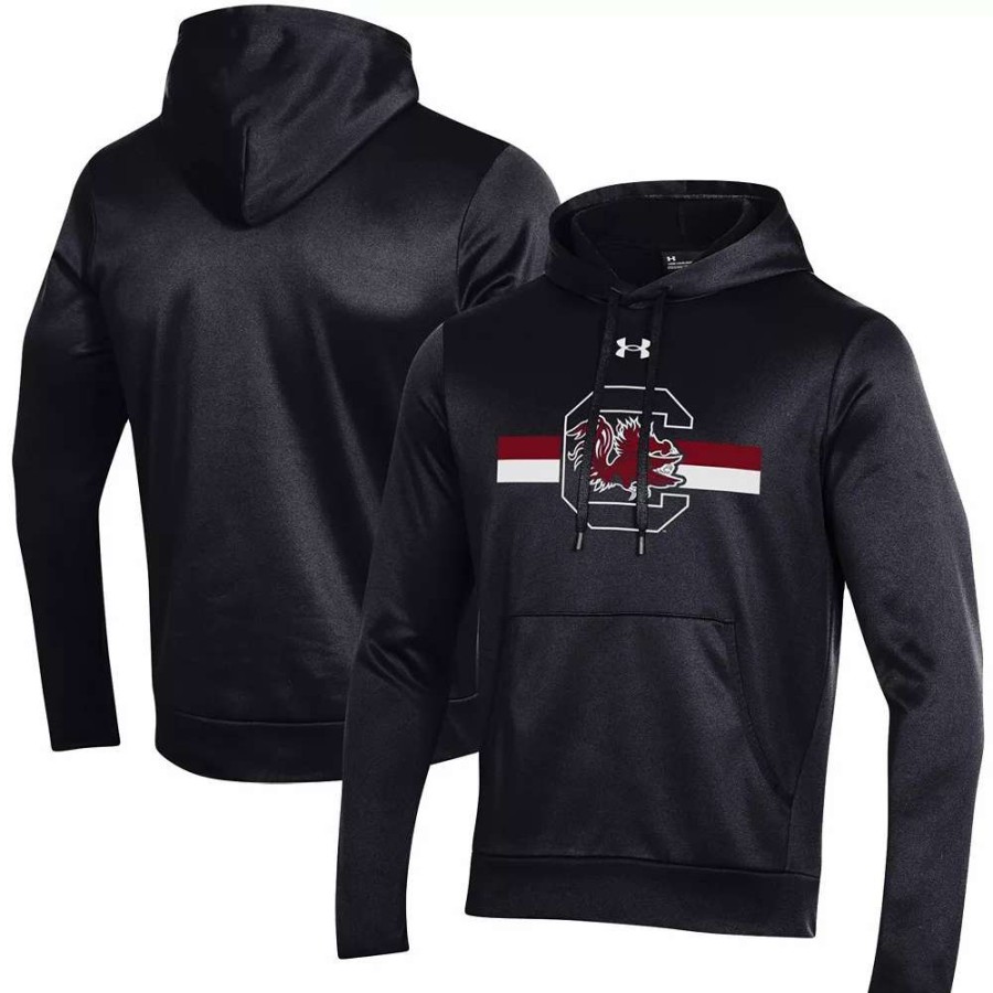 Tops * | Men'S Under Armour Black South Carolina Gamecocks Logo Stripe Fleece Pullover Hoodie