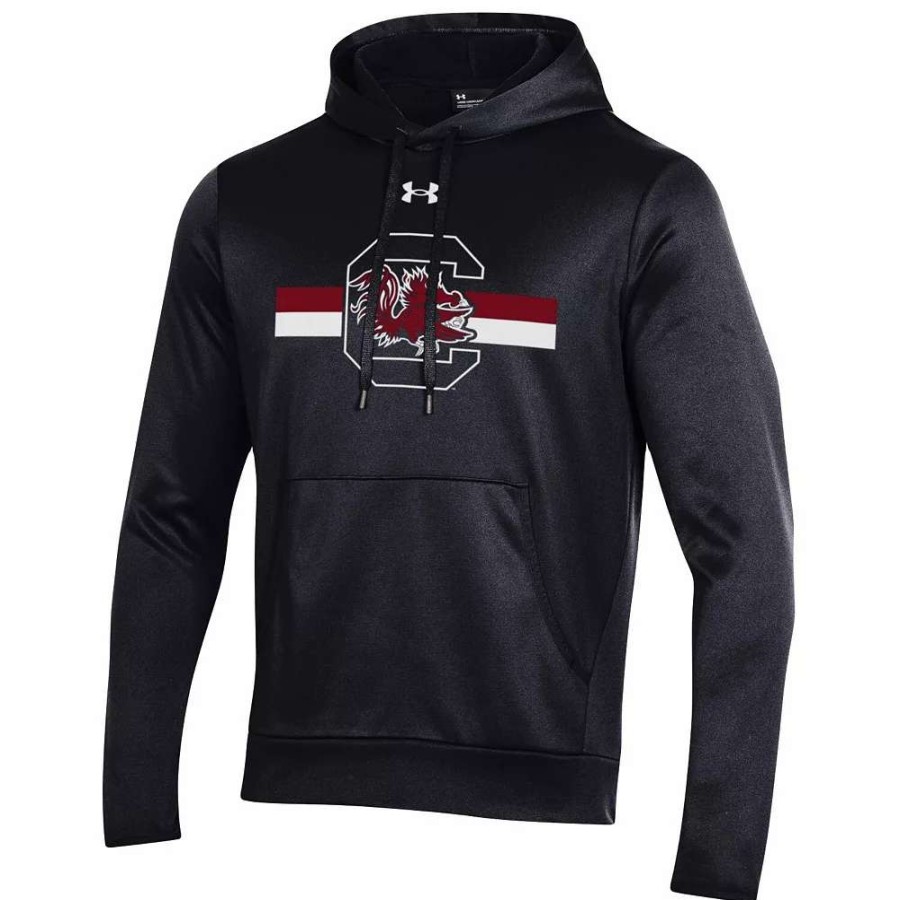 Tops * | Men'S Under Armour Black South Carolina Gamecocks Logo Stripe Fleece Pullover Hoodie