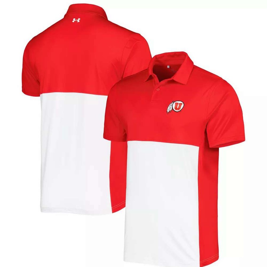 Tops * | Men'S Under Armour Red/White Utah Utes Green Blocked Polo Performance Polo