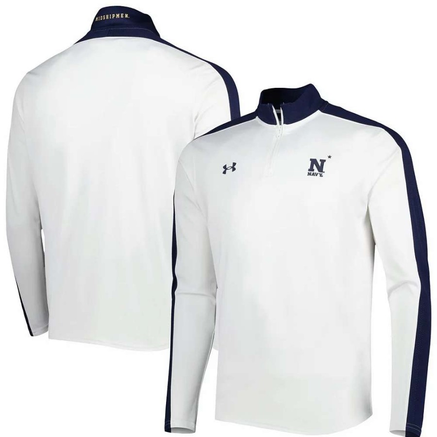 Outerwear * | Men'S Under Armour White Navy Midshipmen Lightweight Mock Neck Performance Quarter-Zip Jacket