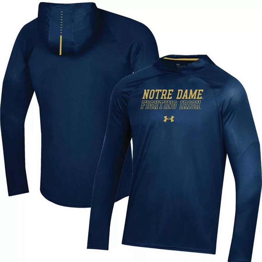 Tops * | Men'S Under Armour Navy Notre Dame Fighting Irish Performance Raglan Sideline Hooded Long Sleeve T-Shirt