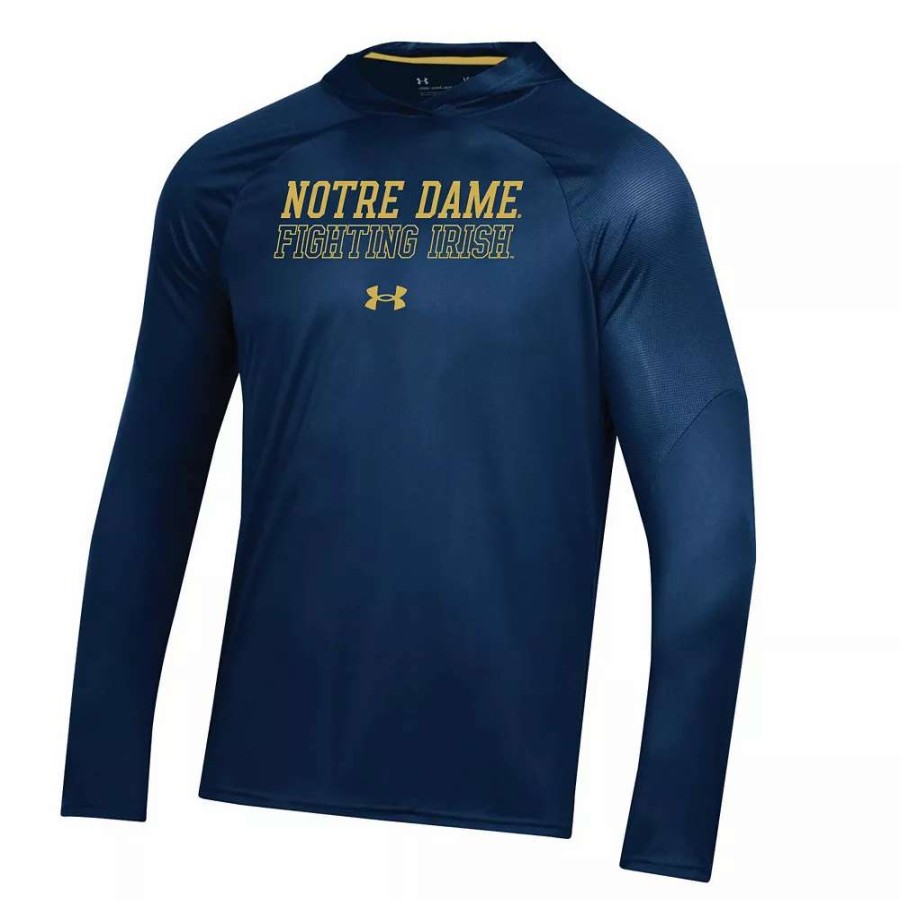 Tops * | Men'S Under Armour Navy Notre Dame Fighting Irish Performance Raglan Sideline Hooded Long Sleeve T-Shirt