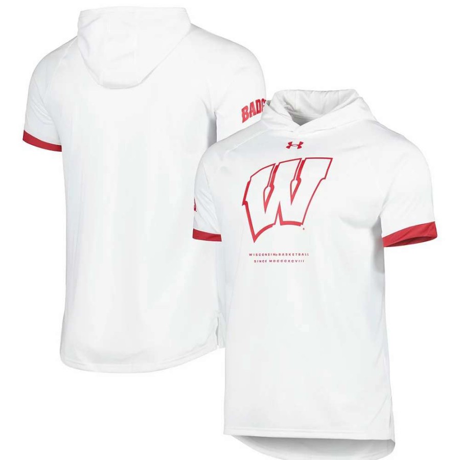 Tops * | Men'S Under Armour White Wisconsin Badgers On-Court Raglan Hoodie T-Shirt