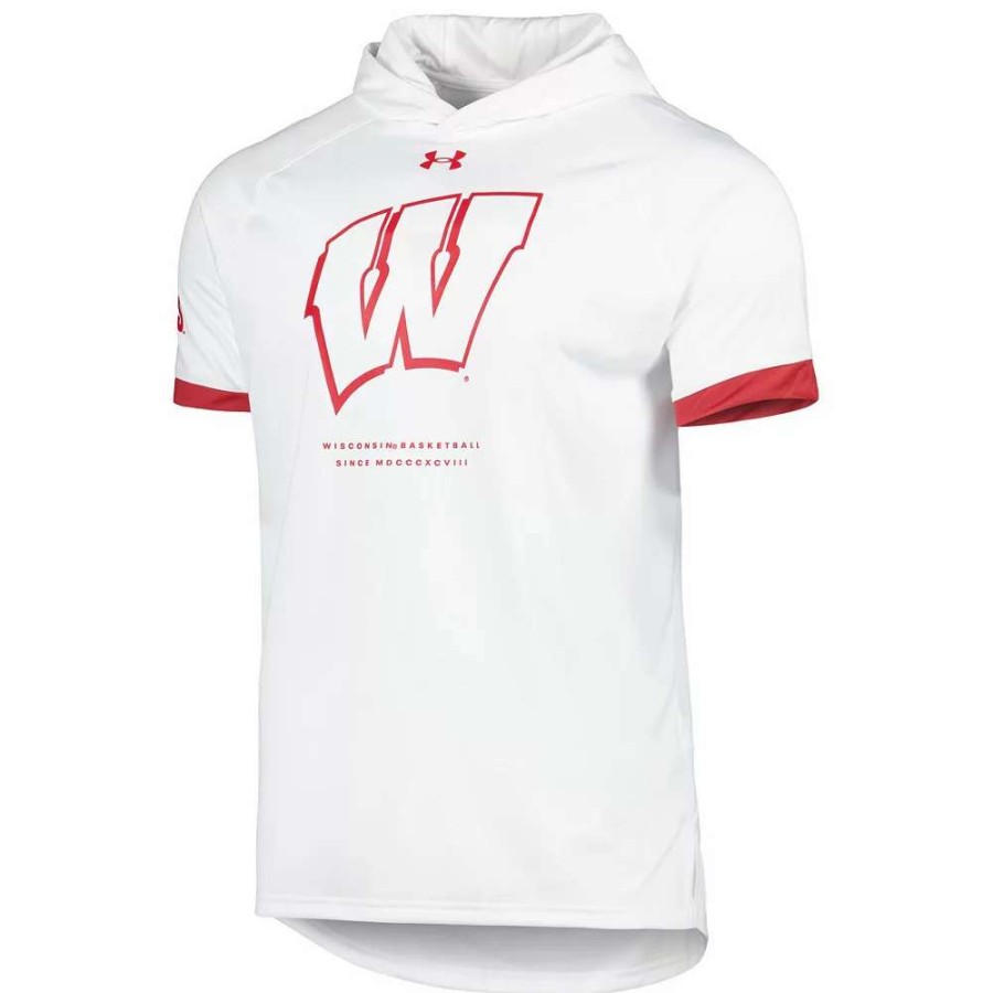 Tops * | Men'S Under Armour White Wisconsin Badgers On-Court Raglan Hoodie T-Shirt