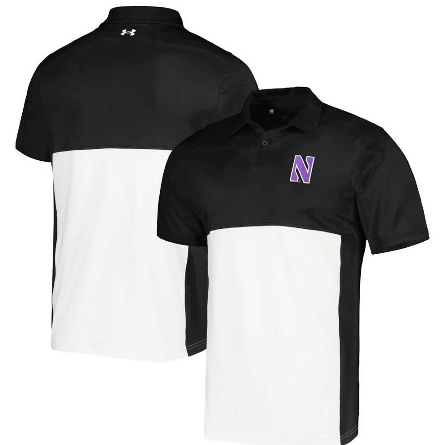 Tops * | Men'S Under Armour Black/White Northwestern Wildcats Green Blocked Polo Performance Polo