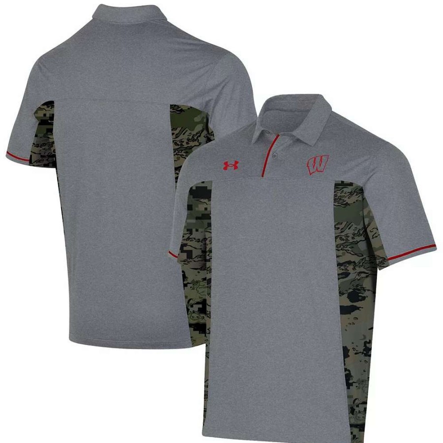 Tops * | Men'S Under Armour Gray Wisconsin Badgers Freedom Polo