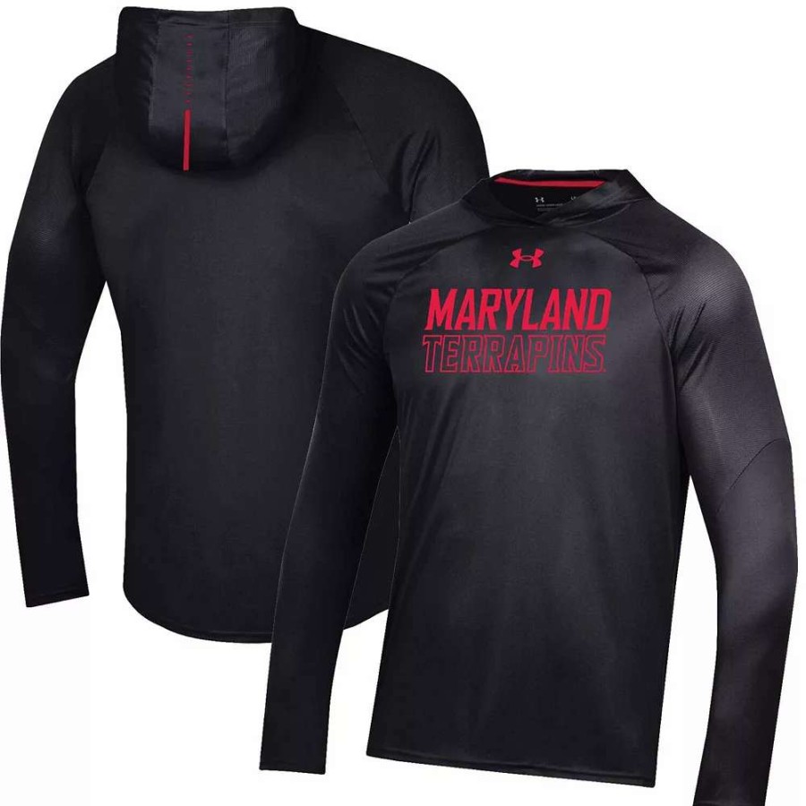 Tops * | Men'S Under Armour Black Maryland Terrapins Performance Raglan Sideline Hooded Long Sleeve T-Shirt