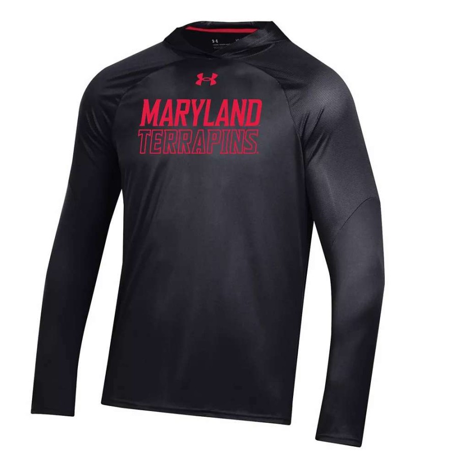 Tops * | Men'S Under Armour Black Maryland Terrapins Performance Raglan Sideline Hooded Long Sleeve T-Shirt