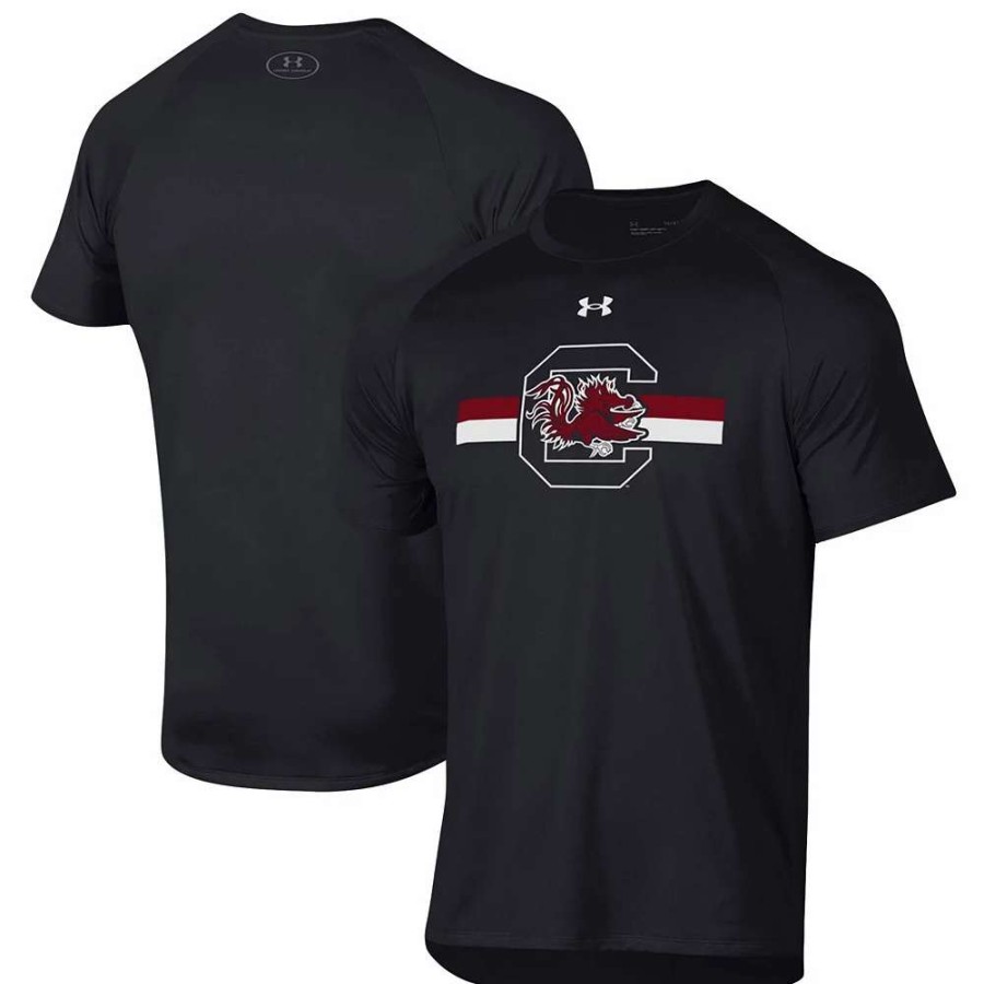 Tops * | Men'S Under Armour Black South Carolina Gamecocks Logo Stripe Performance Raglan T-Shirt