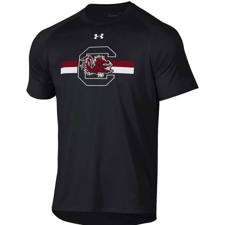 Tops * | Men'S Under Armour Black South Carolina Gamecocks Logo Stripe Performance Raglan T-Shirt