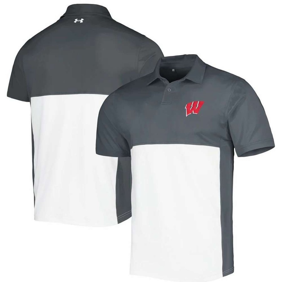 Tops * | Men'S Under Armour Gray/White Wisconsin Badgers Green Blocked Polo Performance Polo