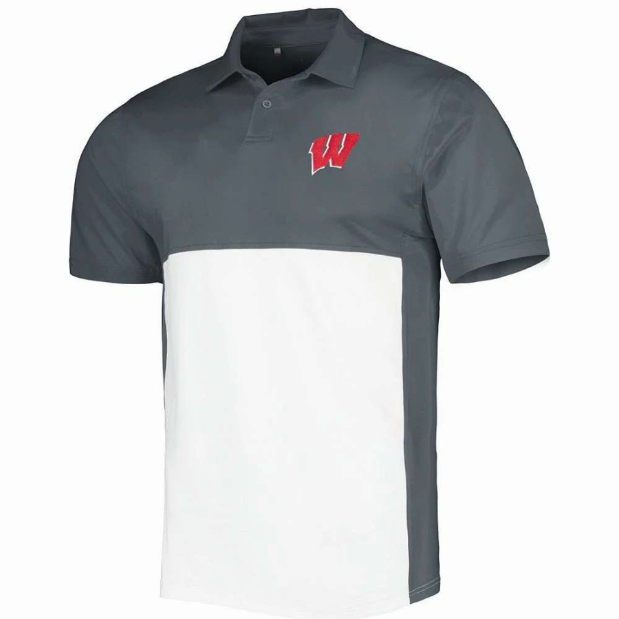 Tops * | Men'S Under Armour Gray/White Wisconsin Badgers Green Blocked Polo Performance Polo