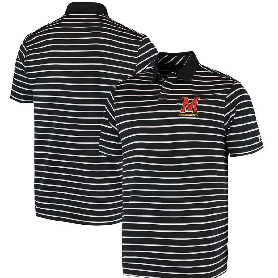 Tops * | Men'S Under Armour Black Maryland Terrapins Wordmark Stripe Performance Polo