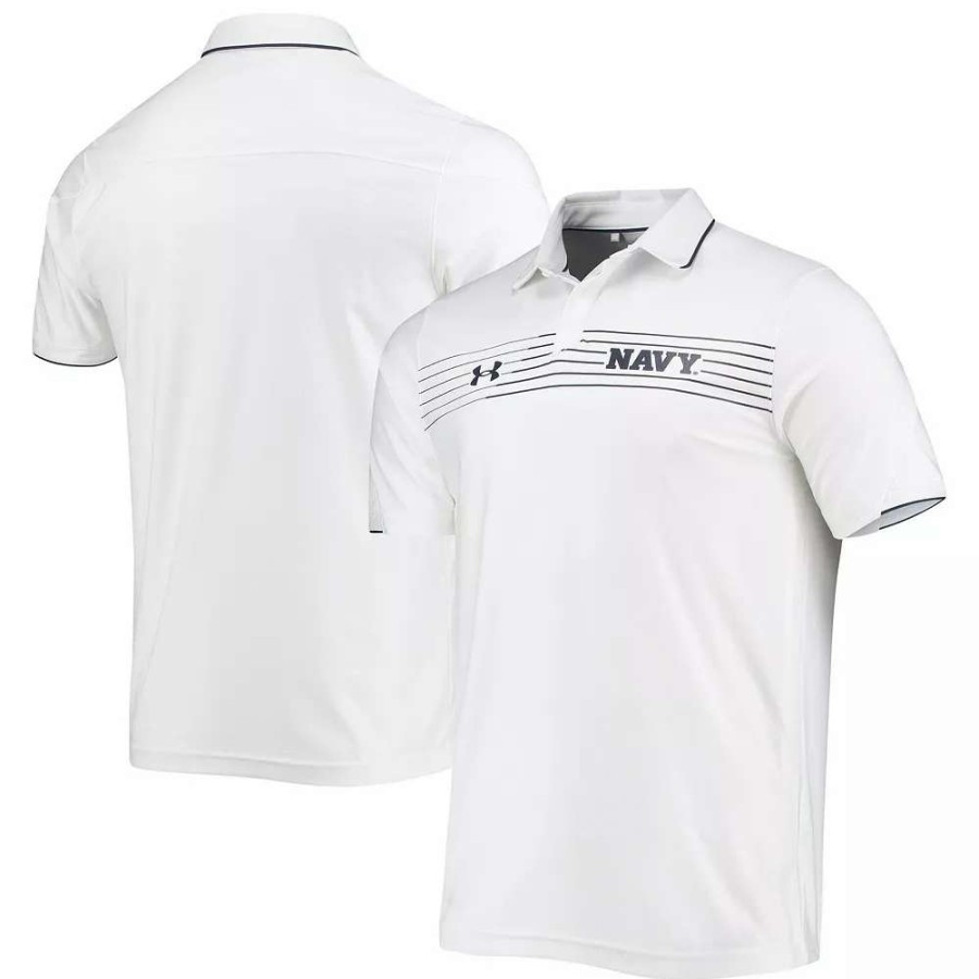 Tops * | Men'S Under Armour White Navy Midshipmen Sideline Chest Stripe Performance Polo